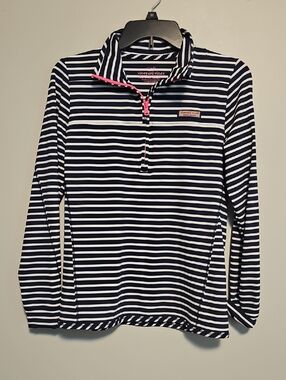 Vineyard Vines Navy & White Striped Quarter-Zip with Pink Trim